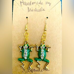 Handmade Green Bling Frog Gold tone Earrings Approx 2” long